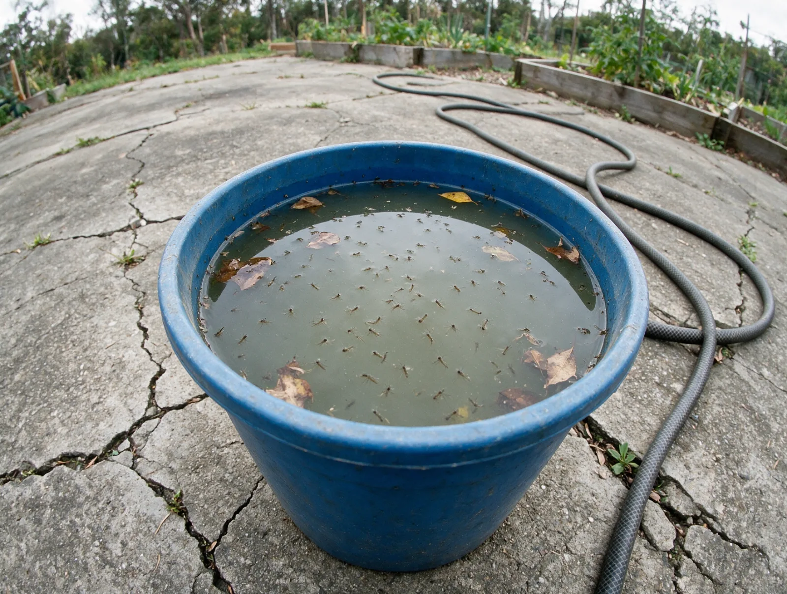 Larvas de mosquito en una cubeta con agua de lluvia