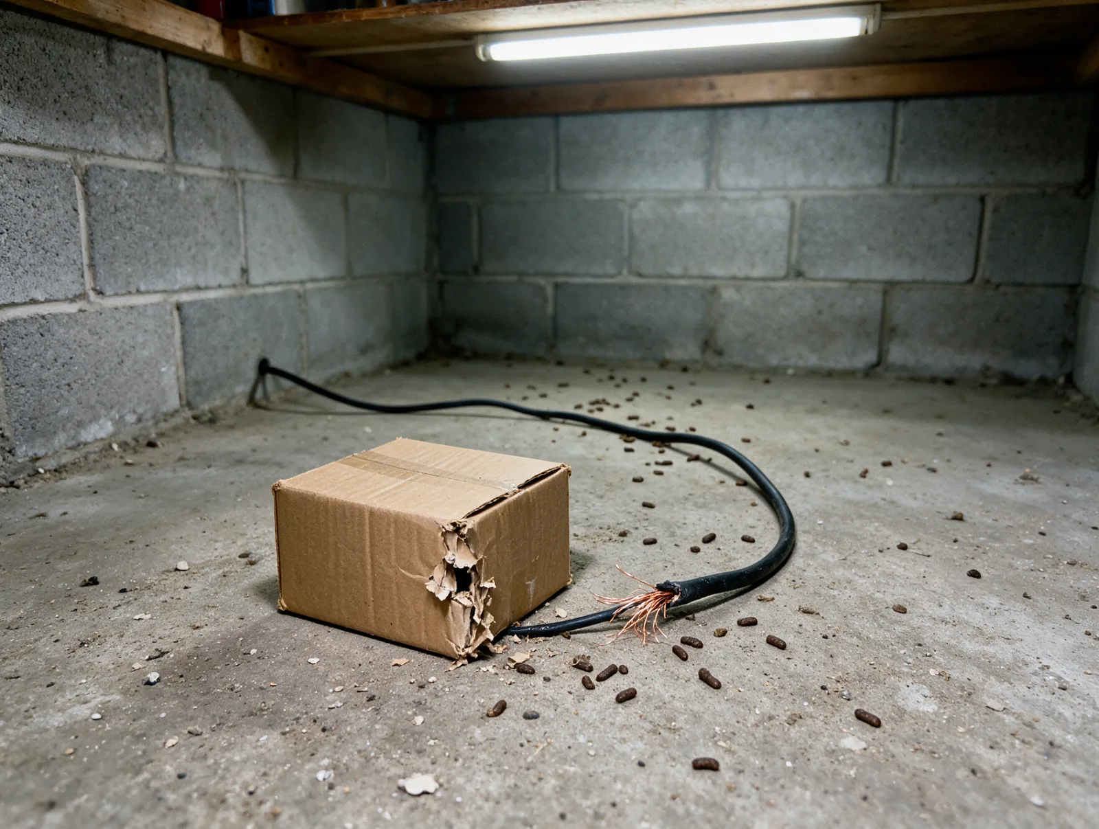 Cable y caja roídos por ratas en una bodega
