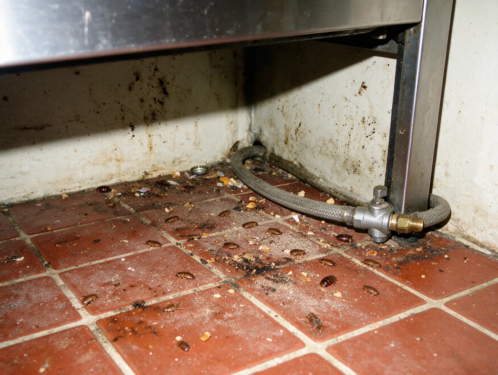 Crías y cápsulas de huevo de cucaracha detrás de una estufa