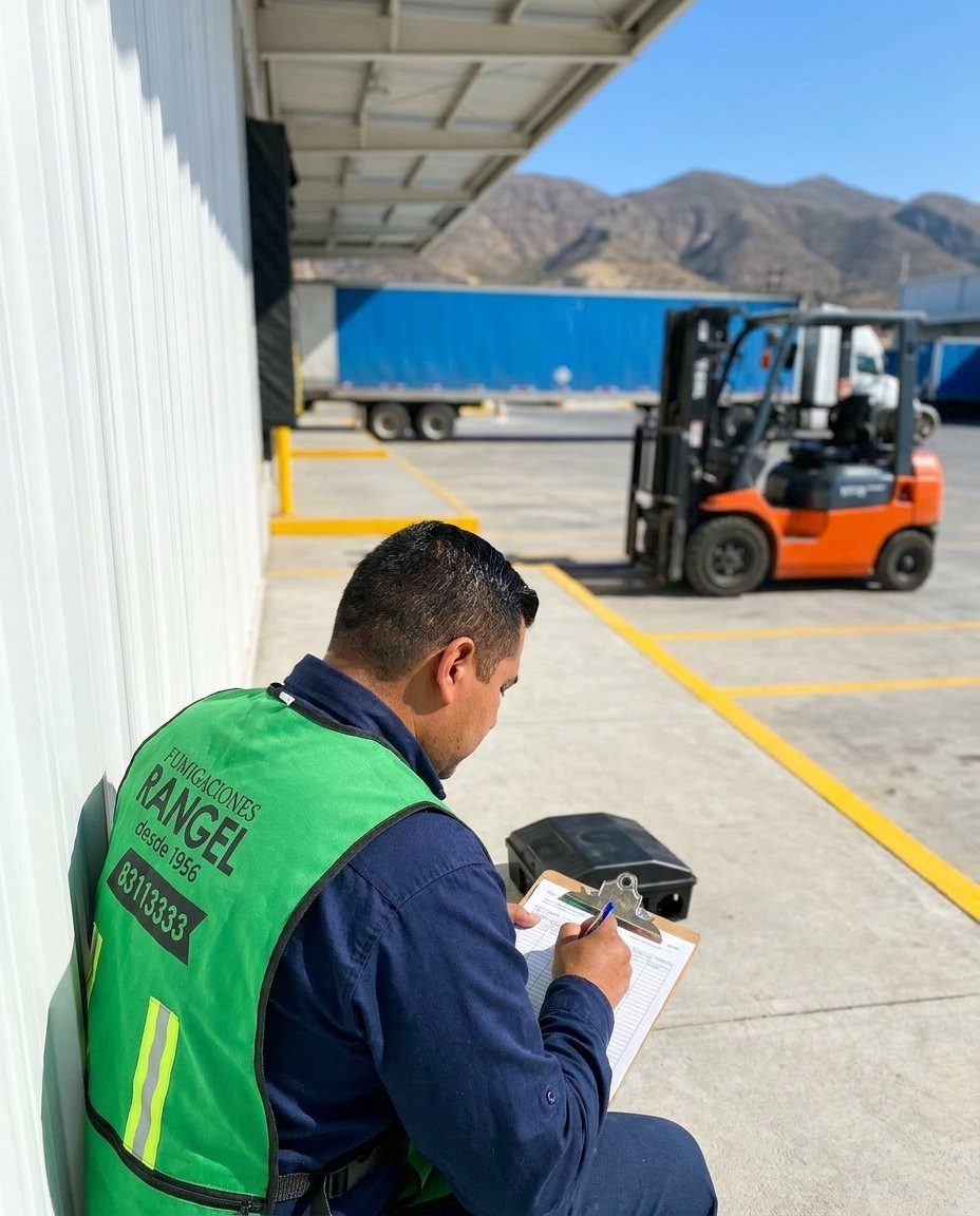 Técnico de Fumigaciones Rangel revisando una estación de control de roedores en el andén de una planta industrial